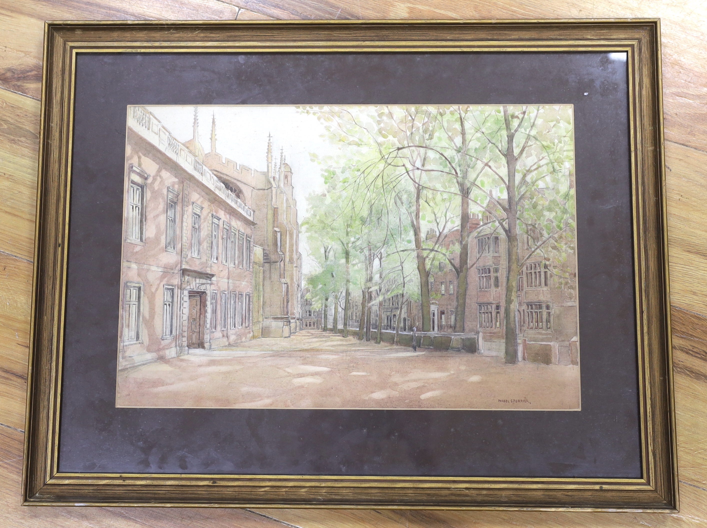 Mabel Annie Spurrier (fl.1920-1940), watercolour, Cambridge street scene, signed, 30 x 44cm